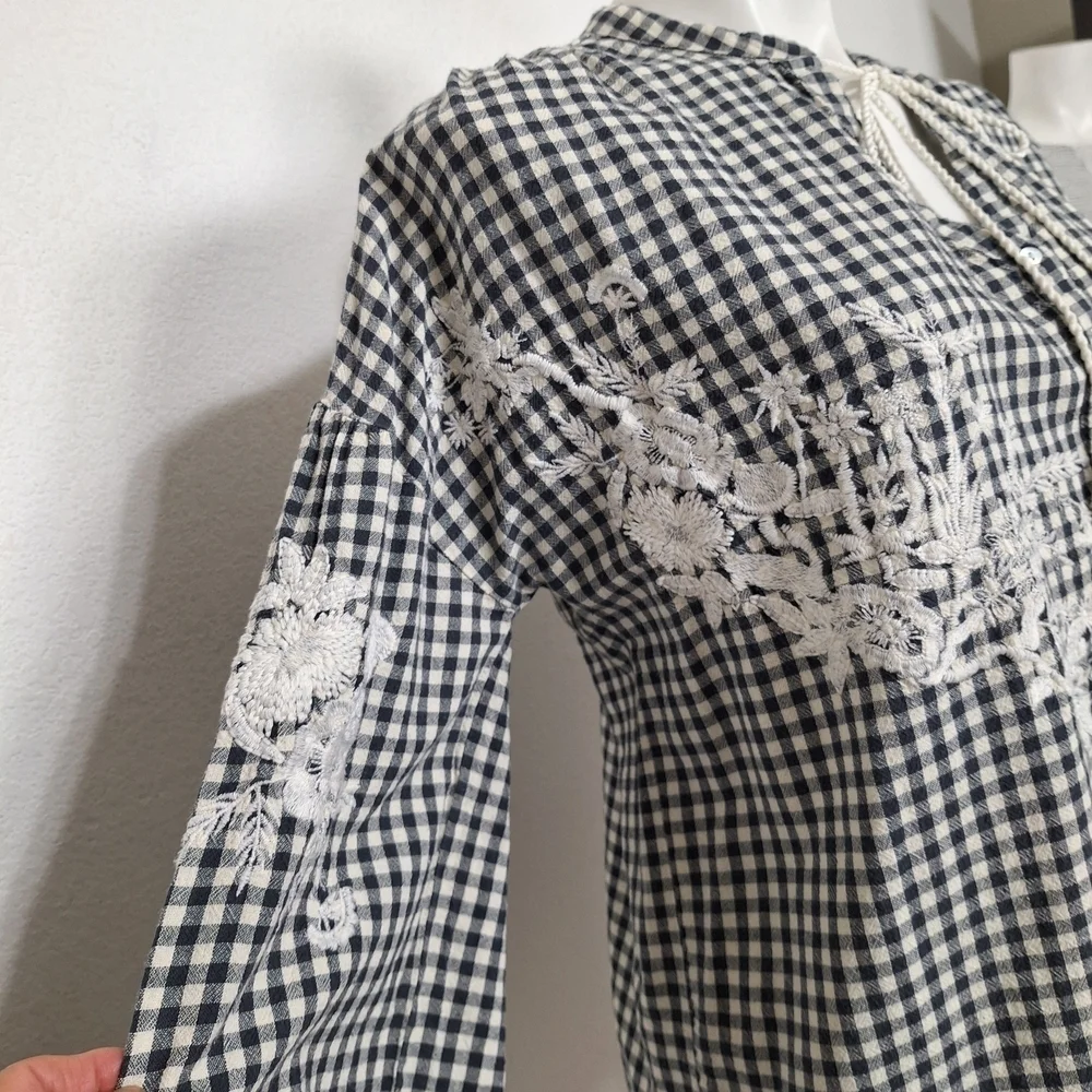 ZARA Trafaluc Gingham Coquette Cottagecore Bohemian Embroidered Babydoll Top M